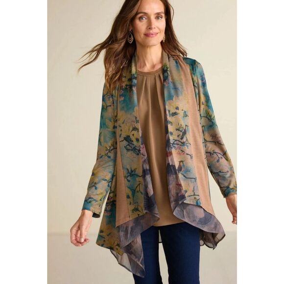 Soft Surroundings Sweaters - Soft Surroundings Floral Tea Garden Topper Tiered Cardigan Sweater Bird Boho LP